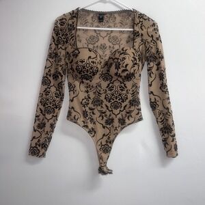 Windsor Beige Black Floral  Bodysuit One Piece sheer Size M